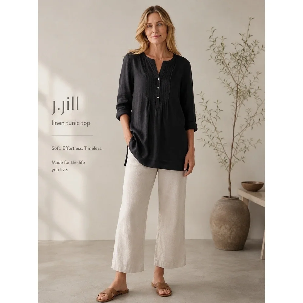 J.Jill Linen Tunic‎ Top Womens Small Black New Pintuck Split Neck Blouse